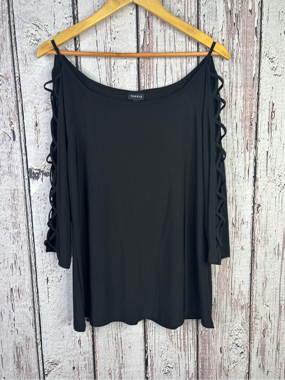 Torrid Plus Size 1 | 14/16 Black Stretchy Blouse 3/4 Lattice Sleeves Cut Outs